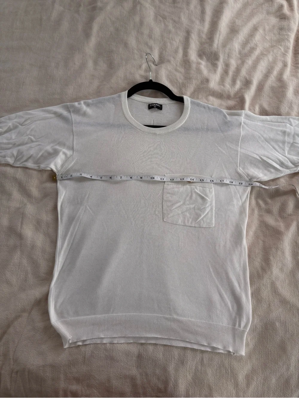 CHANEL Ivory Short-Sleeve Knit Top with Pocket Accent vintage